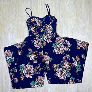 Band of Gypsies Navy Floral Sleeveless Smocked Back Wide Leg Jumpsuit XS